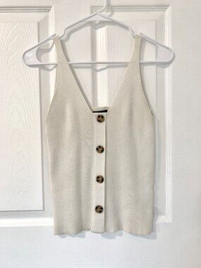 Massimo Dutti Ribbed Knit Button-Front V-Neck Top Vest Off White XS